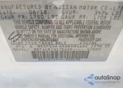 2019 Nissan Versa 1.6 Sv from USA, damaged, VIN 3N1CN7AP4KL802692